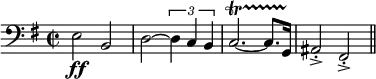 \relative c{
\set Staff.midiInstrument = #"tuba"
\set Score.tempoHideNote = ##t
\tempo 4 = 130
\clef bass
\key g \major
\time 2/2
e2 \ff b d~ \times 2/3 { d4 c b } c2.~\startTrillSpan c8. g16\stopTrillSpan ais2\accent\staccato fis\accent\staccato \bar "||"
}