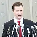 Photo of actor Alex Staggs taken during filming on location for HBO movie Recount, November 3, 2007, on the front steps of the Florida Supreme Court Building in Tallahassee, Florida.