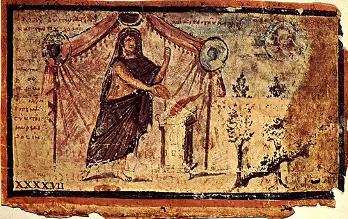 Image 23Achilles sacrificing to Zeus for Patroclus' safe return at Ambrosian Iliad, unknown author (from Wikipedia:Featured pictures/Culture, entertainment, and lifestyle/Religion and mythology)