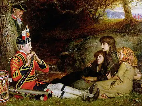 An Idyll of 1745. The three female artists models on the right were the sisters Lily Pettigrew (1870–1920); Hetty Pettigrew (1867–1953) and Rose Pettigrew (1872–1905)