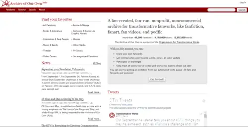 The front page of the website Archive of Our Own, as seen on 2021-10-11