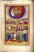 Page from an English Book of Hours (c. 1500), with three differentiated human figures for the Trinity