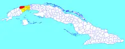 Bahía Honda municipality (red) within Artemisa Province (yellow) and Cuba