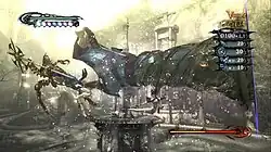 Screenshot of a woman with revealing attire in an outdoor setting. Above her is a dark, giant leg, composed of and attached to her hair and attacking a staff-wielding enemy to the left of her. Behind them is a fountain and various buildings. In each corner (except the bottom left) are game scores and indicators.