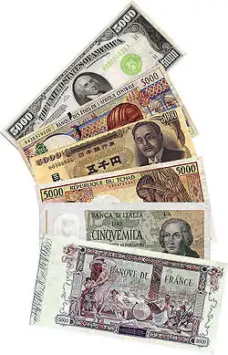 Image 20Banknotes of different currencies with a face value of 5000 (from Money)