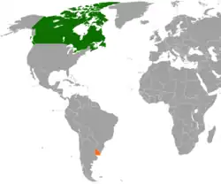 Map indicating locations of Canada and Uruguay