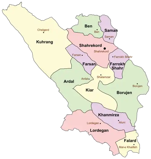 Location of Ben County in Chaharmahal and Bakhtiari province (top, green)