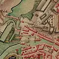 Map drawn around 1775 by Joseph de Ferraris. At top left, the pond and dike that gave its name to the future square.