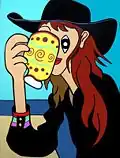 Woman in Black Hat with Yellow Mug
