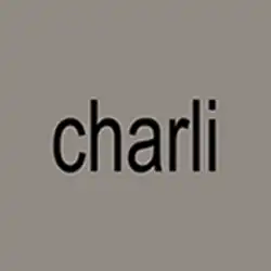 The word "charli" written in black lowercase, low-resolution Arial Narrow font on a warm grey background.