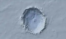A topographic map created using Mars Orbiter Laser Altimeter (MOLA) data. This map shows the relative elevation in 100&nbsp;m (330&nbsp;ft) elevation contour lines (dashed) and 500&nbsp;m (1,600&nbsp;ft) elevation contour lines (bold) with an average accuracy of each point is originally ~100&nbsp;m (330&nbsp;ft) in horizontal position and ~1&nbsp;m (3&nbsp;ft 3&nbsp;in) in radius (Neumann and others, 2001). However, the total elevation uncertainty is at least ±3&nbsp;m (9.8&nbsp;ft) due to the global error in the areoid.