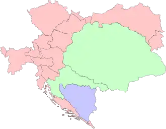 Territory of the Kingdom of Hungary and the Kingdom of Croatia-Slavonia in green (Condominium of Bosnia-Herzegovina in purple)