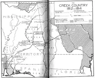 Map of events in Alabama during the War of 1812. Burnt Corn battle site is located in the bottom left.