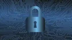 A padlock superimposed over a blue circuit board pattern.