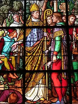 Stained glass representing Archbishop Jean de Marigny inside the Église Saint-Ouen in Le Tronquay
