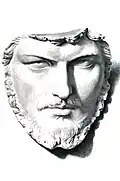 Monochrome sketch of an austere-looking bearded man's face.