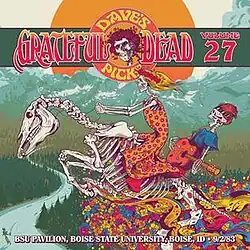 Two skeletons – a woman and a man – ride a skeleton horse through the sky; they are flying over a forest, with mountains in the distance; below them another skeleton is fly fishing in a stream