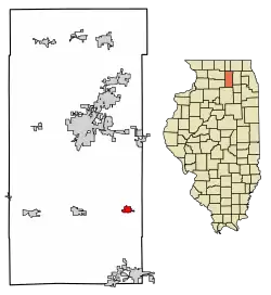 Location of Hinckley in DeKalb County, Illinois.