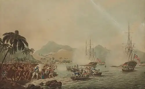 One of the most famous reproductions of 'Death of Captain Cook' by John Cleveley the Younger, Aquatint Francis Jukes. It depicts Cook as a peacemaker