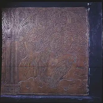 Decorative panel of Lalli slaying Henry and wearing his mitre from Nousiainen church, c. 1420