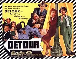 Movie poster with a border of diagonal black and white bands. On the upper right is a tagline: "He went searching for love ... but fate forced a DETOUR to Revelry ... Violence ... Mystery!" The image is a collage of stills: a man playing the clarinet; a smiling man and woman in evening dress; the same man, with a horrified expression, holding the body of another man with a bloody head injury; the body of a woman, asleep or dead, splayed out over the end of a bed, a telephone beside her; leaning against either side of a lamppost, the same man a third time, wearing a green suit and tie and holding a cigarette, and a woman wearing a knee-length red dress and black pumps, smoking. Credits at the bottom feature the names of three actors: Tom Neal, Ann Savage, and Claudia Drake.