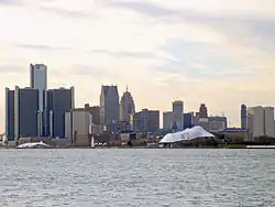 One Detroit Center in the city skyline