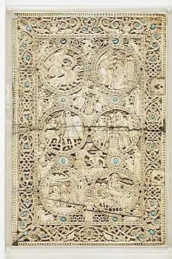 A richly decorated ivory plate depicting scenes from the life of King David