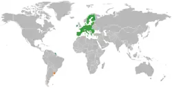 Map indicating locations of European Union and Uruguay