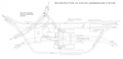 diagram of station layout below ground showing the six crossing tunnels of the three lines passing through Euston station