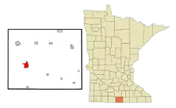 Location of the city of Blue Earth within Faribault County and state of Minnesota