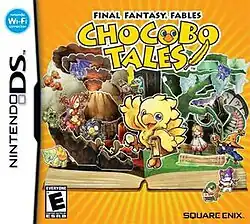 Packaging artwork, featuring cartoon depictions of a yellow cartoon bipedal bird holding a brown book with one wing while greeting with the other. The game's title appears above the character. Behind the bird is a large open pop-up book with a rocky volcano on the left page and green forest on the right page. Three human characters (a girl with pink pigtails, a girl in a white robe, and a boy in a blue cloak and yellow wizard hat) stand among various cartoon animal characters.