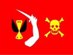 Supposedly a flag of Christopher Moody’s, this was a generic "sea rover" design dating to the late 17th or early 18th centuries and was not attributed to "Christopher" Moody until the 1930s.[70]