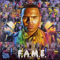 A multi-colored portrait of Brown in a serious pose is flanked by two identical profiles wearing baseball caps and diamond earrings, each facing in opposite directions on his shoulders. The background is filled with a multitude of posters, including one of Brown in a stone-faced pose and another of a child wearing a combat helmet branded with the peace symbol. The posters are captioned with the words 'Forgiving All My Enemies.'"