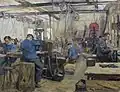 "Lathe workers". Oil on paper, 59 x 70&nbsp;cm.