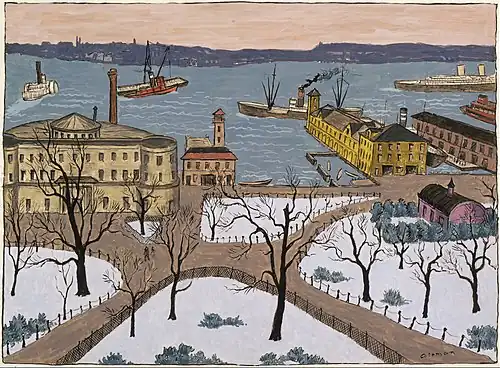 Battery Park in New York by Glenn O. Coleman (1887–1932), 31 cm × 42 cm (12+1⁄4 in × 16+1⁄2 in)