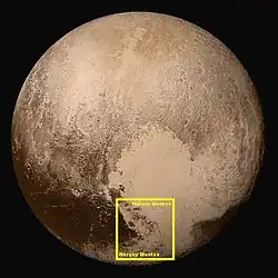 Pluto – Hillary Montes and Tenzing Montes, (context; 14 July 2015).