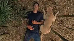 A man wearing a black shirt and jeans and a dog lie on the ground of a bamboo forest.
