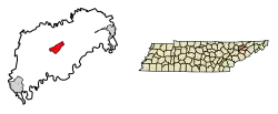 Location of Rutledge in Grainger County, Tennessee.