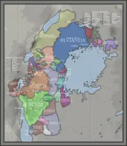 Map of the region around the African Great Lakes, depicting the borders and extent of various states. Rwanda is one of the largest visible kingdoms.