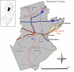 Location of Green Brook Township in Somerset County highlighted in yellow (right). Inset map: Location of Somerset County in New Jersey highlighted in black (left). Interactive map of Green Brook Township, New Jersey
