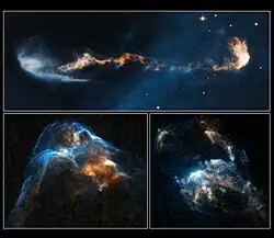HH 1/2 (top), HH 34 (left), and HH 47 (right) were numbered in order of their discovery; it is estimated that there are up to 150,000 such objects in the Milky Way.