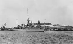 HMS&nbsp;Dauntless&nbsp;(D45) at the Royal Naval Dockyard in Bermuda in the 1930s