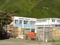 Old industrial buildings adorned by pōhutukawa.