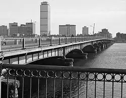 Bridge viewed from the upstream Cambridge side in 1985. Construction barrels restricting traffic from the outside lanes, and general wear and tear are visible (click on image to enlarge)