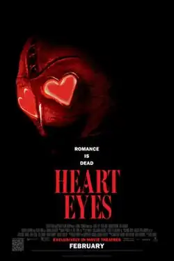 A masked killer with glowing red heart shaped eyes on a dark background