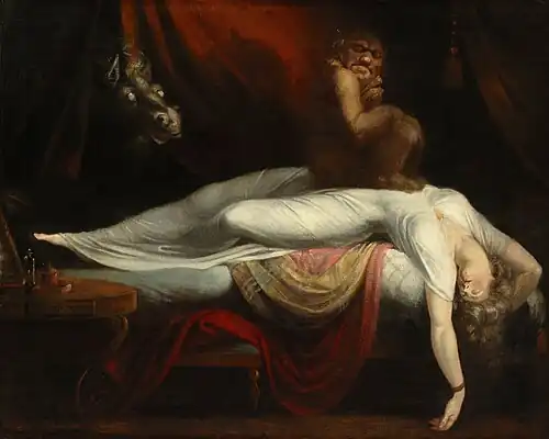 John Henry Fuseli, The Nightmare (1781), oil on canvas, 101.6&nbsp;cm × 127&nbsp;cm., Detroit Institute of Arts