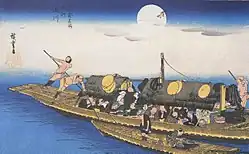 A boat going down the Yodo River towards Kōraibashi