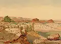 Sunset on the Kanab Desert. From the brink of the Permian Cliff - a Permian butte in the foreground, the Vermillion Cliffs in the distance, and the Jurassic white sandstone in the extreme background. Grand Canyon District, Mohave County, Arizona. (Holmes, 1877)