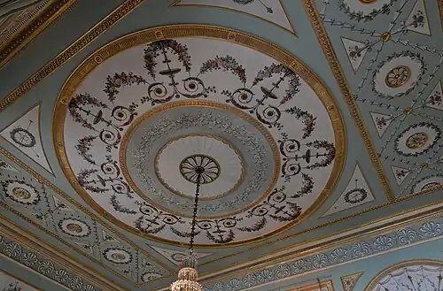 Louis XVI style festoons on a ceiling in the State Dining Room, Inveraray Castle, Scotland, the UK, by Girard and Guinand, 1784[10]