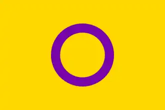 A yellow background with a purple circle in the middle, representing intersex people.